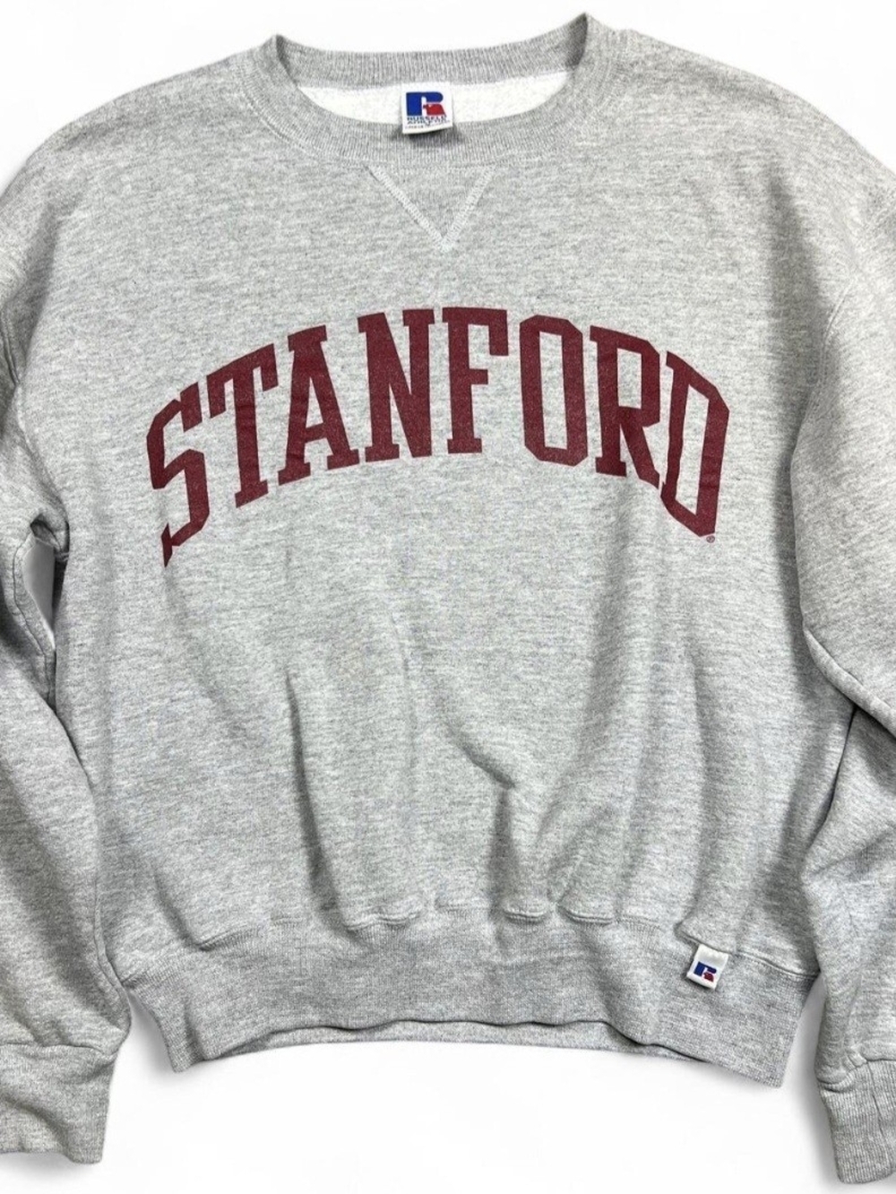 Vintage 90s Russell Athletic Gray Crewneck Sweatshirt with Maroon Stanford Arch